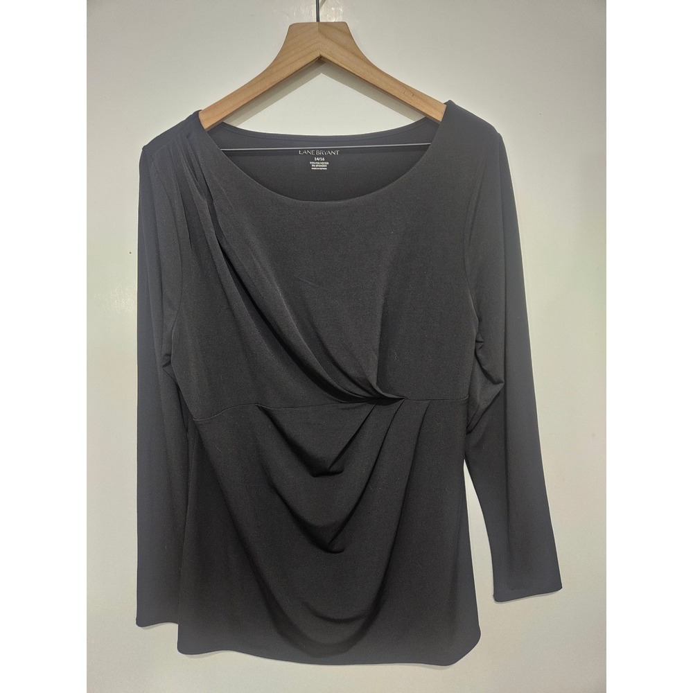 Lane Bryant Black Draped Front Twist Long Sleeve Top Plus Size 14/16 Scoop Neck